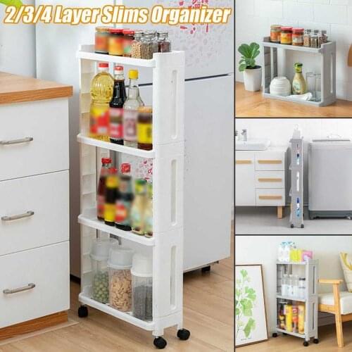 2/3/4 Layer Gap Kitchen Storage Rack, Ultra-Thin Sliding Tower, Removable Assembly Plastic Bathroom Shelf Wheel To Save Space