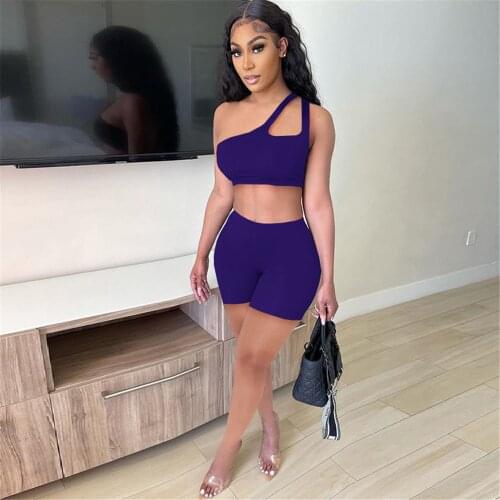 Summer Outfits Sexy Women Two Piece Shorts Set One Shoulder Hollow Crop Top Biker Jogging Tracksuit Club Wear Matching Sets