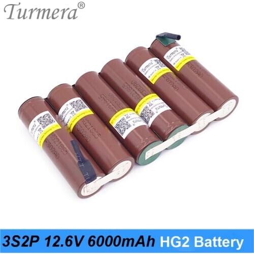 Turmera 10.8V 12.6V 3S2P 6000mAh 30A Lithium Battery 18650 HG2 3000mAh Battery with Soldering for Screwdriver Battery Customized