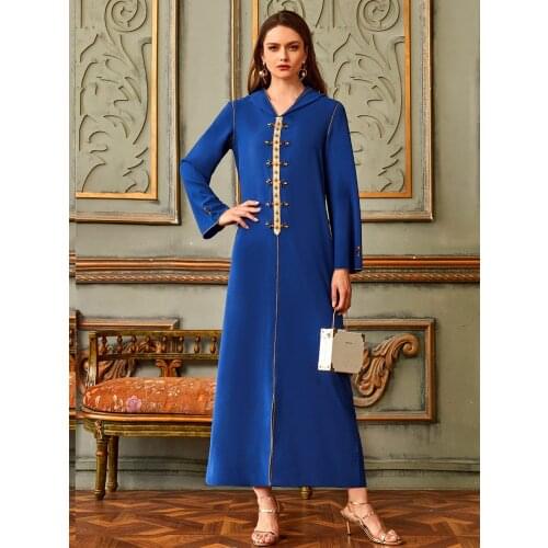 Fashion Muslim Women Dress Drawstring Embroidered Long Sleeve Maxi Abaya Dress