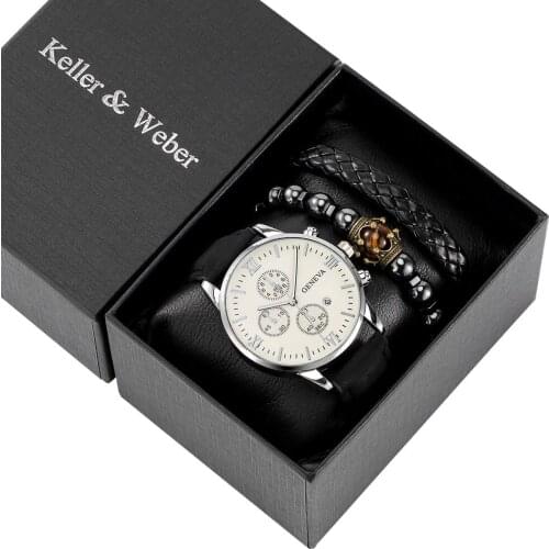 Men Watch Set Luxury White Dial Business Quartz Watch Retro Bead Braided Bracelets Top Fashion Clocks for Boyfriend Husband Lady