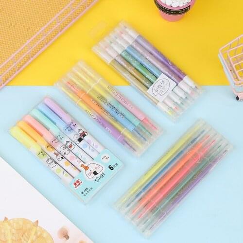 6Pcs/set Cartoon Constellation Stationery Colorful Double Headed Fluorescent Highlighter Color Marker Pen Cute Graffiti Paint
