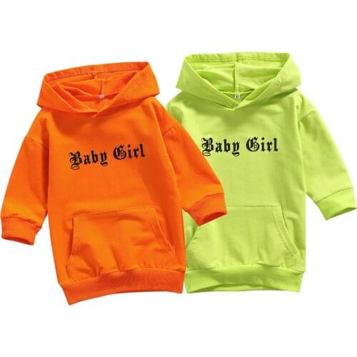 Girls Casual Cotton Long Sleeve Dress Letters Printed Pattern Hooded Long Pullover Fluorescent Green Orange 12 M-4 Y Lovely