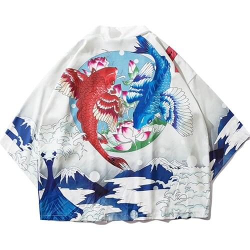 Traditional Unisex Harajuku Beach Loose White Thin Sun-protective Shirts Carp Kimonos Cardigan Men Yukata Women Japanese Coat