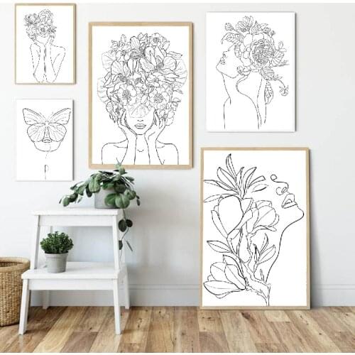 Nordic poster line sexy woman flower simple tree wall art oil painting and printing wall painting living room home decoration