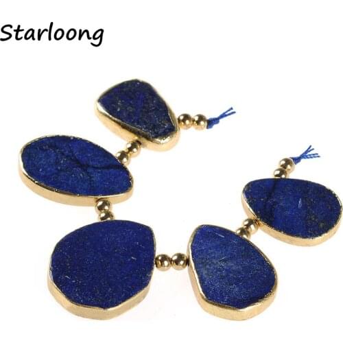 Natural Raw Gem Stone Geode Waterdrop Shape Lapis Lazuli Slab Slice Gold Edged Loose Strand Nugget Beads for DIY Jewelry Making