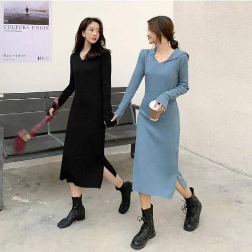Sexy Womens Slim Long Dress Autumn Hooded V-Neck Knit Long Woman Dresses Plus Size Bridesmaid Dress
