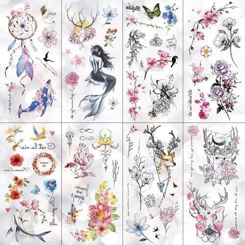 Mermaid Whale Deer Flower Waterproof Temporary Tattoo Sticker Rose Cherry Flash Tattoos Body Art Fake Arm tatoo Women