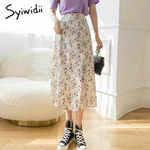 Syiwidii Floral Print Long Skirts Womens Biege Midi Elastic High Waist Korean Loose 2021 Summer Green Black Vintage Boho Skirt