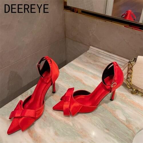New Arrival Bowknot Womens Red Black Sandals 2021 Wedding Dress Ankle Strap Buckles Summer High Heeled Pointed Toe Shoes Luxury