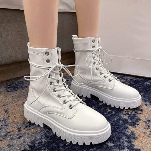 2021 New Women Ankle Boots Martens Lace Up Thick Platform Black Classic Low Heels Breathable Side Zipper Round Toe Ladies Shoes