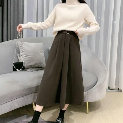 Women Fashion Elegant Retro Pleated Skirt Female High Waist with Belt Midi Long Skirt