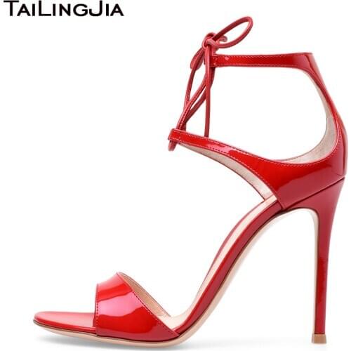 Womens Open Toe Red Patent Leather Party Evening Dress Heels Summer Sandals 2021 Ladies Stiletto High Heel Large Size Shoes