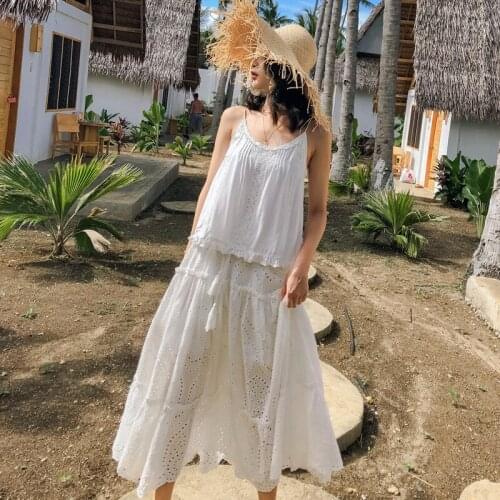 Johnature New Bohemian Korean Hollow Out Top And Skirt Women 2021 Summer Loose Holiday Solid Color Women Sets