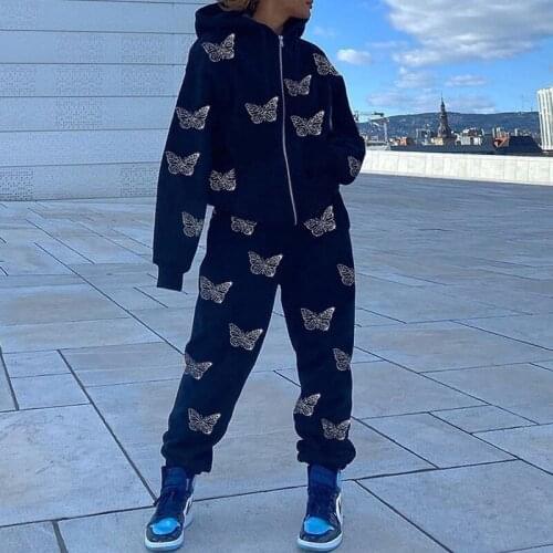 2021 Autumn Winter Casual Two Piece Set Women Hooded Pullover and Elastic Wasit Pants Suit Fashion Crystal Applique 2pcs