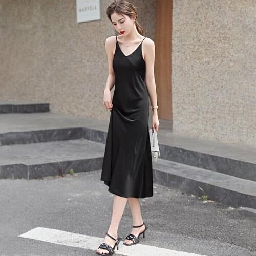Summer Women Satin Spaghetti Strap Dress Sexy Solid Slim Lady Temperament long Dresses Female Banquet party Dress