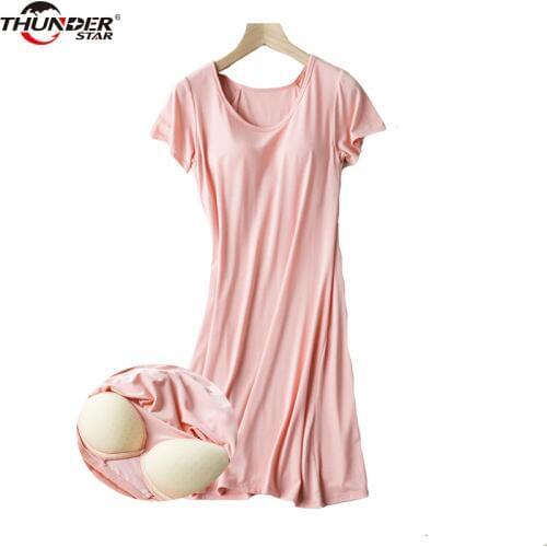 Women Casual Night Dress Sleepwear Built in Bra Padded Short Sleeve Solid Nightgown Lounge Dress Female Night Sleeping Dress