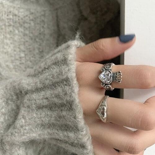 Vintage Fashion Crown Love Heart Ring for Women Girl Statement Jewelry Gift Retro Wing Zircon Open Adjustable Geometric Ring