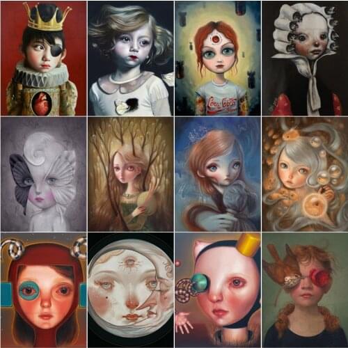 Diamond Painting Cartoon Cute and Weird Kid with Big Eyes and Big Head Round Face and Chic Shape Bedroom Porch Hall Decor Poster