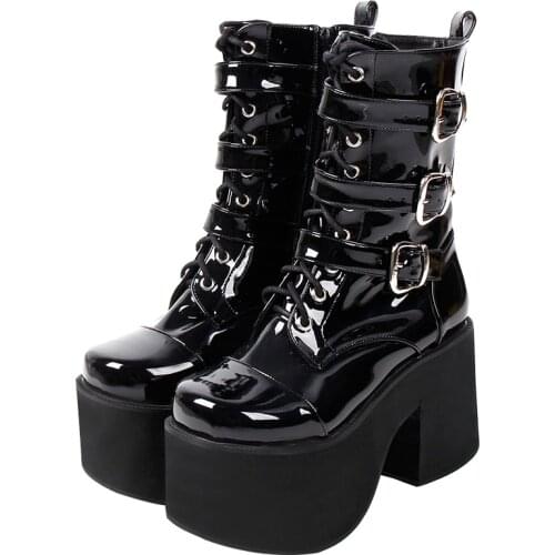 Angelic imprint Women Gothic motorcycle punk boots lady short Boots woman high trifle heels pumps shoes 33-47 10cm buckles 330