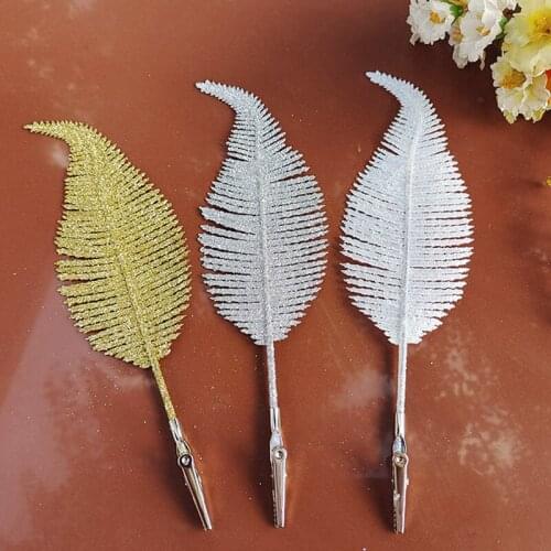 20cm Glitter Leaf With Clip Christmas Tree Ornament New Years Decor Gold Silver Color Feather Bauble Tree Xmas Pendants