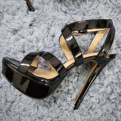 Sexy Black Patent High Heel Dress Party Women Sandals Summer New Open Toe Buckle Ankle Strap Stiletto Platform 14cm Heels Shoe