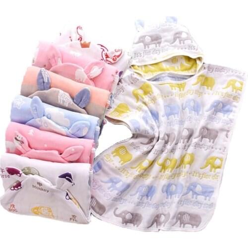 Baby Bath Towel 6 Layers Cotton Gauze Hooded Kids Cape Poncho Cartoon Printed Breathable Absorbent Infant Blanket