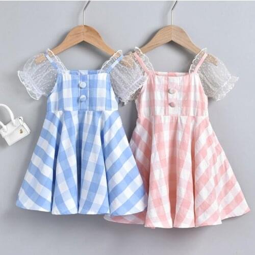 Short-sleeved Children Dress Mesh Stitching Square Collar Puff Sleeve One-piece Girl Plaid Summer Dress for Outdoor