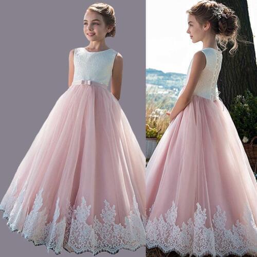Elegant Flower Girl Dress for Wedding Kids Sleeveless Lace Tulle Pageant Girl Gowns Long Princess Dresses Girls Party Dresses