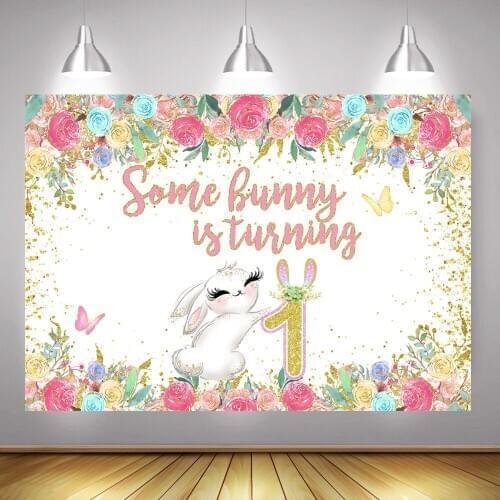 Bunny is Turning One Theme Party Backdrop Newborn Rabbit 1st Birthday Banner Background Gold Dots Colorful Flowers Butterfly