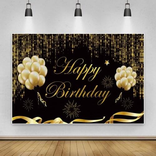 Laeacco Happy Birthday Customized Photo Backdrop Golden Balloon Gold Glitter Polka Dots Star Fireworks Photography Background