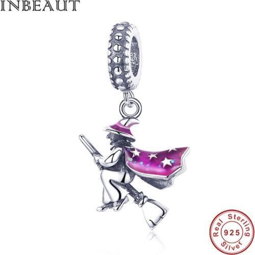 INBEAUT Trendy 925 Sterling Silver Halloween Flying Boom Stars Carved Purple Enamel Shawl Hat Beads Charm fit Brand Bracelet
