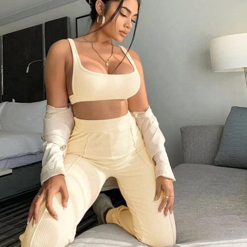 Lounge wear Fitness Knit Rib 2 Piece Set Sexy O Neck Backless Crop Top with Pencil Pants Bodycon Tracksuit Two Piece Set Outfits