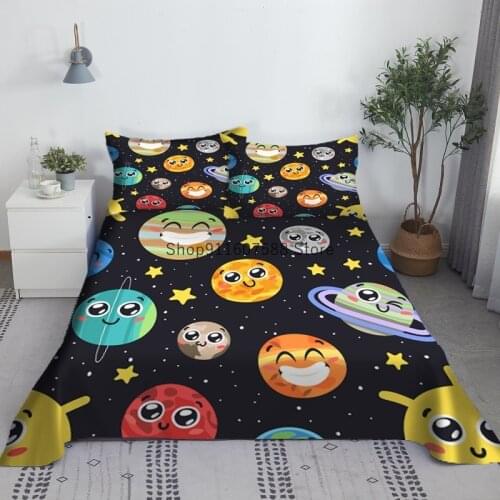 Cartoon Happy Planet Bed Sheet Set 3D Printed Polyester Bed Flat Sheet With Pillowcase Bed Linen For Children Fashion Design