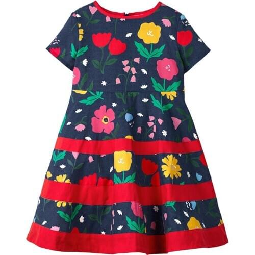 AOSTA BETTY Summer New Dark Blue Big Florals Printed O-neck Short-sleeved Cotton Girls 2-7 yrs Casual Knitted Dresses