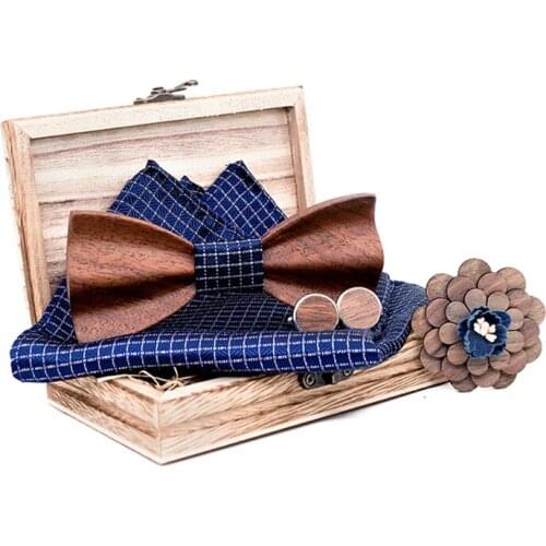 Linbaiway Handmade Mens Wood Bow Ties Sets for Women Wooden Bowties Pocket Square Cufflinks Brooch with Box for Wedding Gift