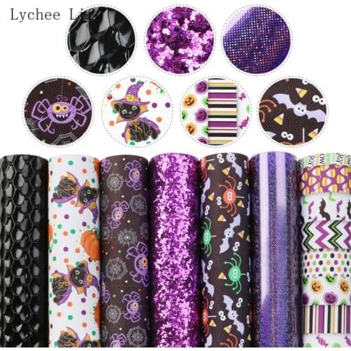 Lychee Life Halloween Theme Faux Synthetic Leather Fabric Sheets Pumpkin Skull Bat Printed Leather Fabric Diy Handmade Crafts