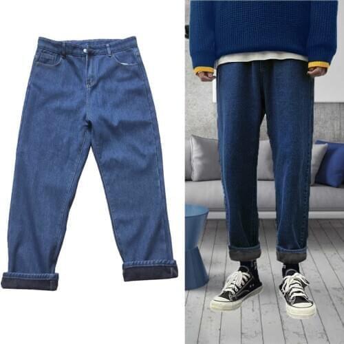 Baggy Men Jeans Brand Pants Thick Clothes Pants Wide Leg Long Velvet Winter Keep Warm Pants Blue Casual Young Boys