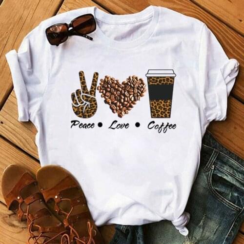 Fashion T Shirt Woman 2021Tops Tshirt Leopard Peace Love Coffee Streetwear Casual O-neck T-shirt Summer Female Tee Shirts Women