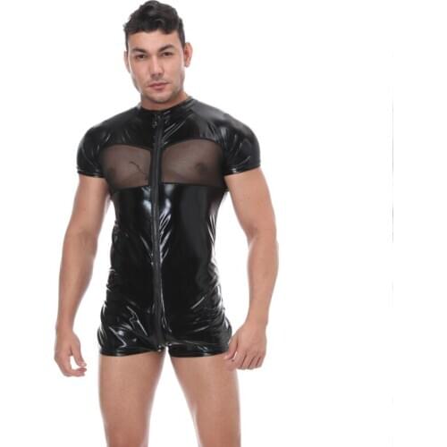 Men Faux Leather PU Undershirt Wrestling One Piece Singlet Sexy Boxers Jumpsuit Mesh Patchwork Underwear Exotic Bodysuit