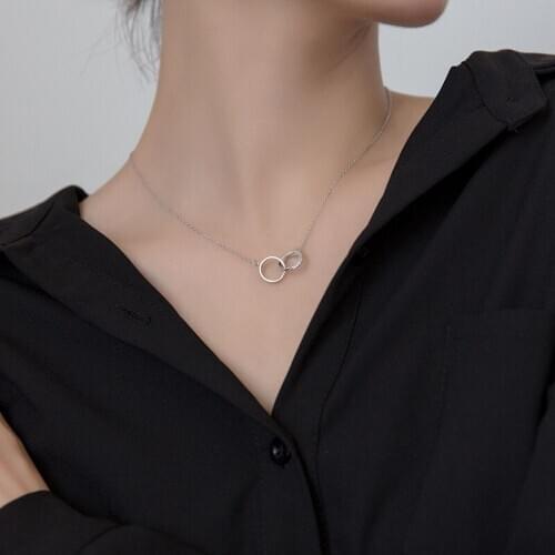 Real 925 Sterling Silver Interlocking Circles Pendant Necklaces Simple Hollow Necklace for Women Birthday Gifts