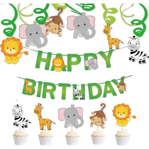 New Jungle Animal Flag Pulling Spiral Pendant Cartoon Lion Elephant Banner Cake Plug In Decoration Party Supplies Layout