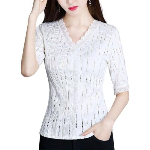 New V-neck Pullovers Tops Fashion Hollow White T-shirt Womens Short Sleeve 2021 Summer Top Blouses T Shirt Aesthetic Korean