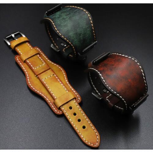 Onthelevel Leather Cuff Watch Band 22mm 24mm Watch Strap With Mat Wrist Protection Yellow Red Watchband For Fossil #D