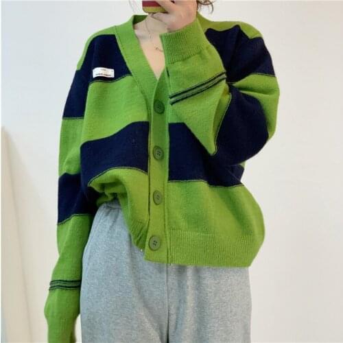 Autumn wide stripe color matching large V-neck knitted cardigan with bottomed sweater fashion korean clothes
