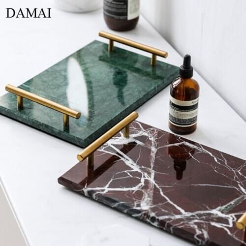 Nordic Natural Marble Tray Cosmetic Tray Makeup Container Golden Handle Jewelry Display Storage Trays Decorative Home Ornaments