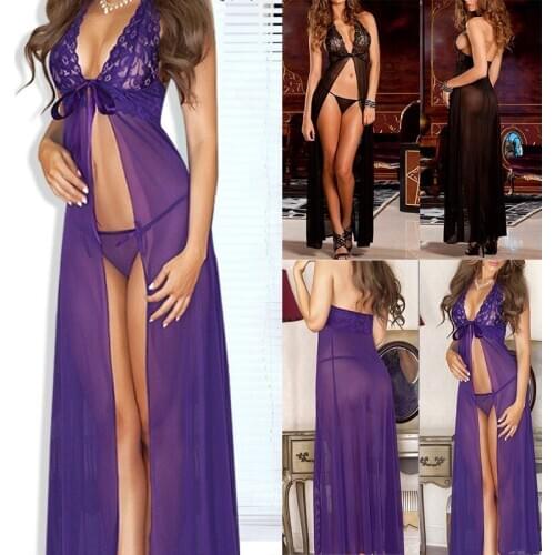 Backless Halter Sexy Lingerie+G-string Lace Satin Silk Deep V-neck Lingerie Sexy Hot Erotic Babydoll Sexy Underwear Pajamas Set