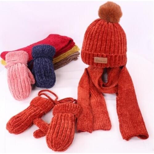 3pcs/Set Winter Cotton Hat Scarf Gloves Set For Girl Boy Childrens Cartoon Knit Cap Children Warm Thick Scarf For Boys Beanies