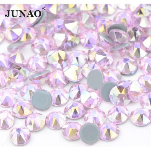 JUNAO 16 Cut Facets Pink AB Hot Fix Glass Rhinestone SS10 SS16 SS20 SS30 Flatback Iron On Crystal Stone Hotfix Strass Appliques