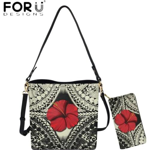 FORUDESIGNS Hot Style Hawaiian Kanaka Red Hibiscus Flower Printing Pu Leather Women Bucket Bag And Purse Set Lady Crossbody Sac